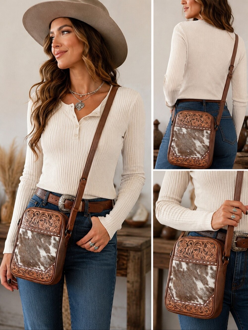 NWT American Darling Leather Cowhide Crossbody Purse Tooled Western Floral